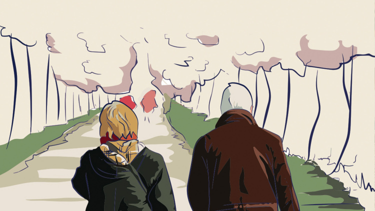 Dibujo de dos personas mayores caminando por un paseo