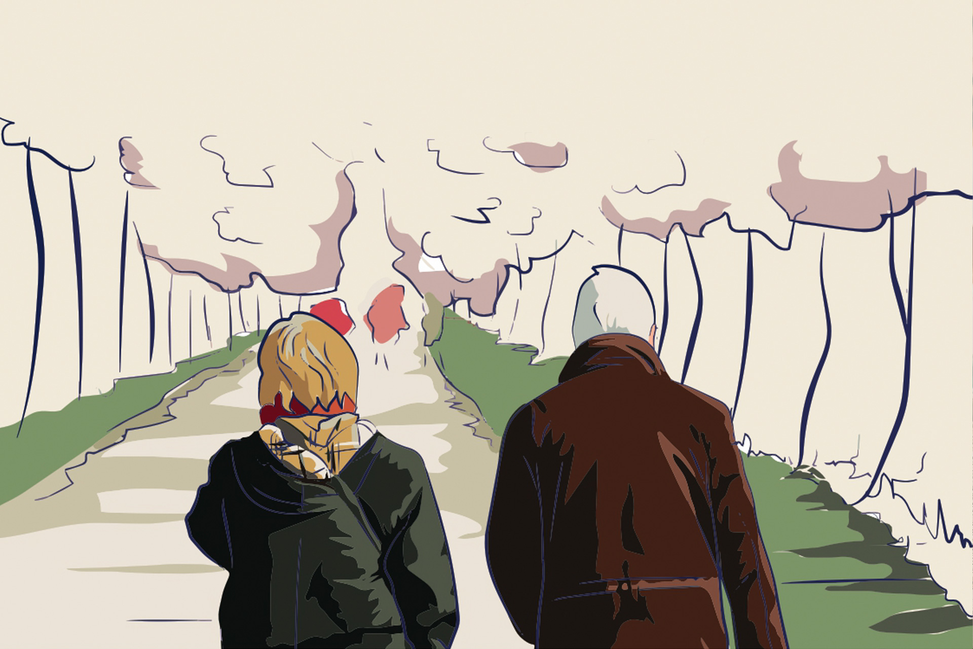 Dibujo de dos personas mayores caminando por un paseo