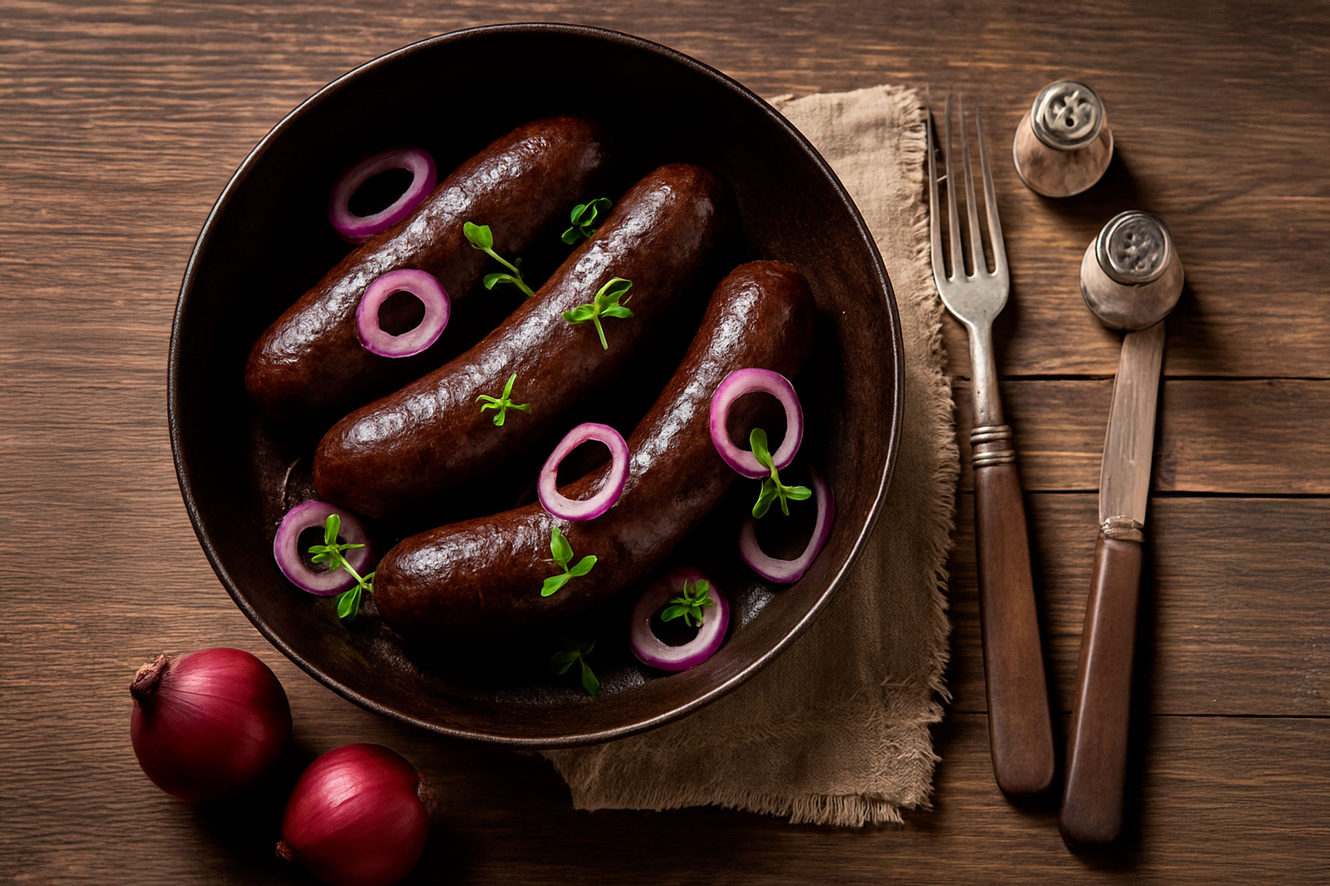 Plato de barro con morcilla sobre una mesa