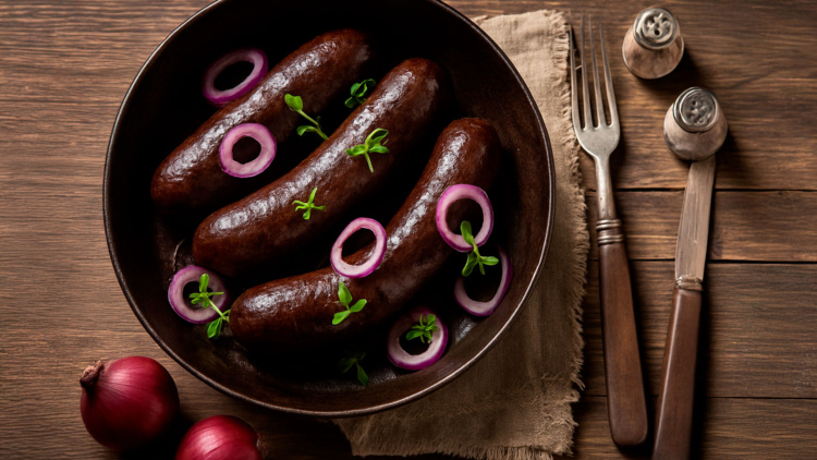 Plato de barro con morcilla sobre una mesa